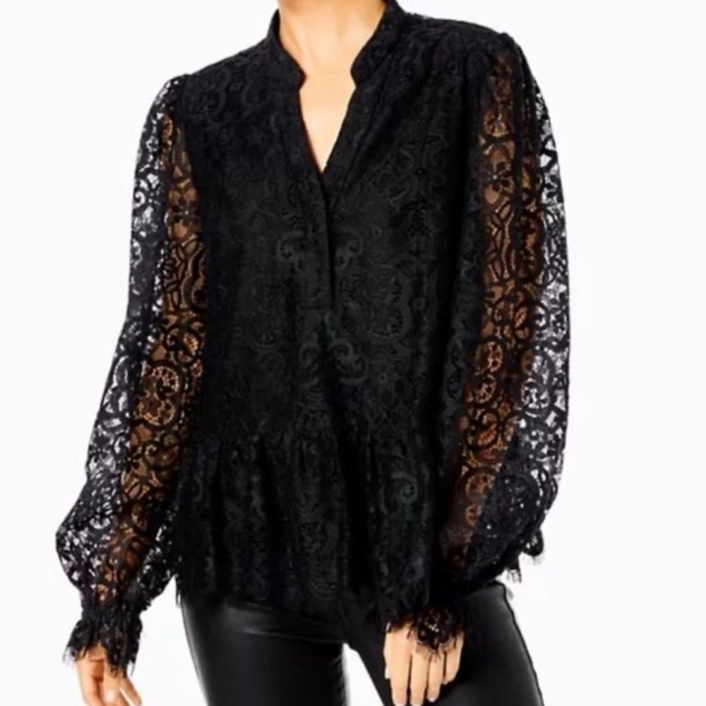 Lilly Pulitzer Sz XL Jacelynne Black Lace Top Peplum Ruffle Onyx